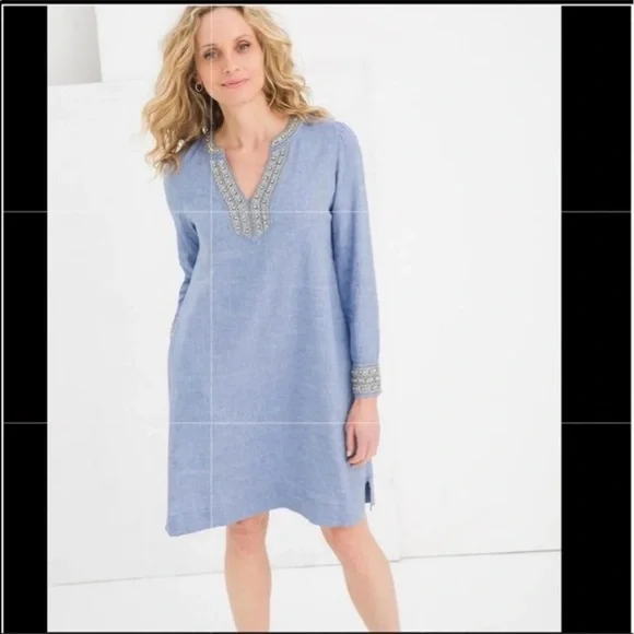Women's Beaded Linen-Blend Dress, Blue Veil, Size M by Chico's